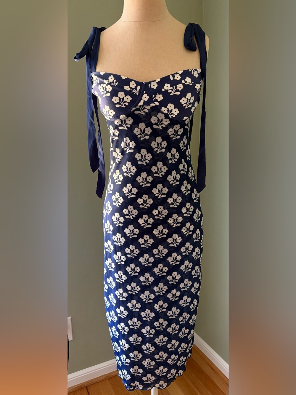 Free People-  Navy Midi Dress with White Floral Print & Tie Shoulders
